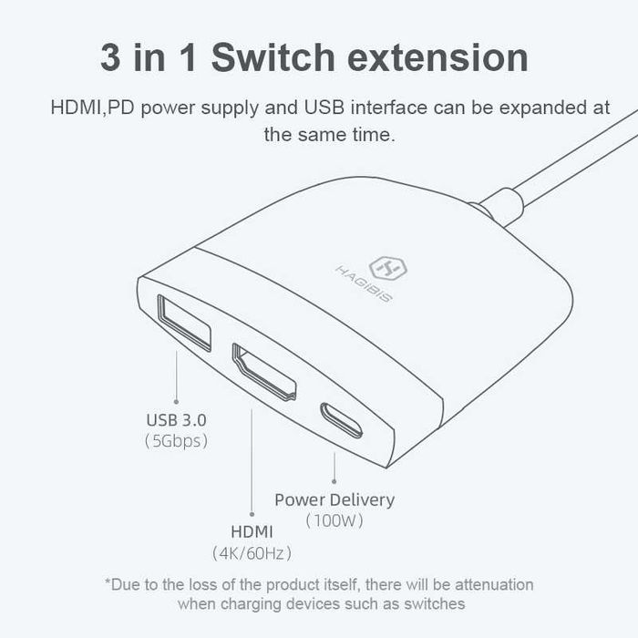 3in1 adaptor USB-C la HDMI + USB 3.0 + USB-C consola Nintendo Switch