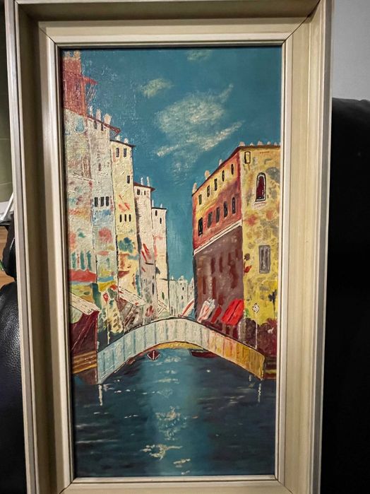 Tablou vintage Veneția, pictură în ulei, inrămat, 60 cm