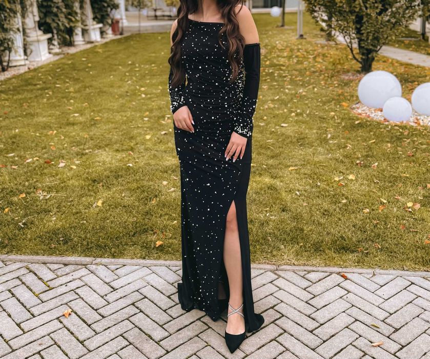 Rochie eleganta neagra cu perle si blanita