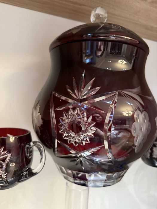 Set cristal Bohemia ruby – cristal tăiat manual | stare impecabilă