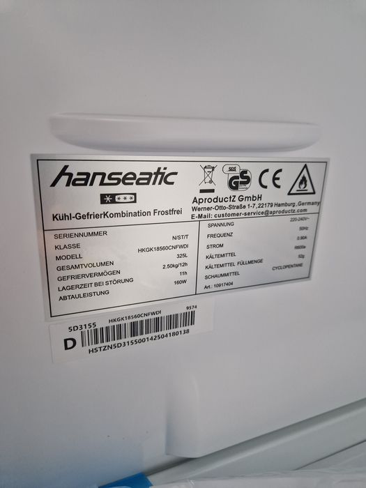 Хладилник с фризер Hanseatic A++ Нов