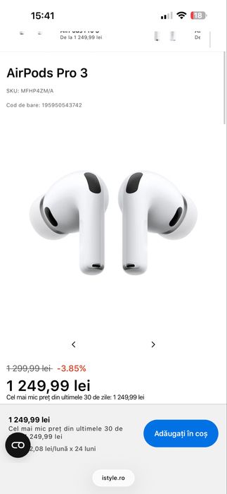 Casti APPLE AirPods Pro 3, True Wireless, Bluetooth, In-Ear