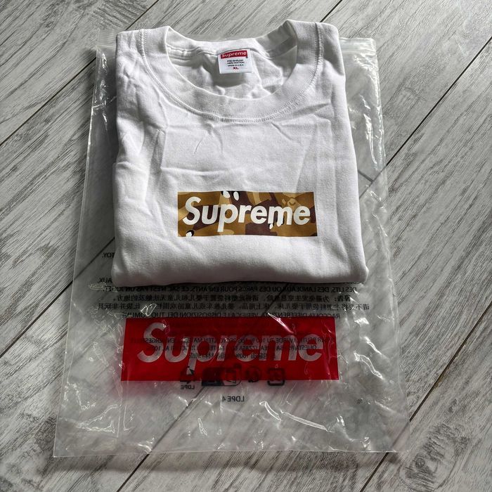 Supreme x BAPE бяла тениска с BAPE Camo Box Logo нова размер XL