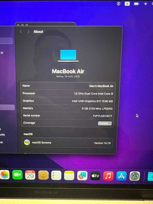 MACBOOK AIR A1932 i5-8210Y 1.60GHz 13 LAPTOP 8/128GB