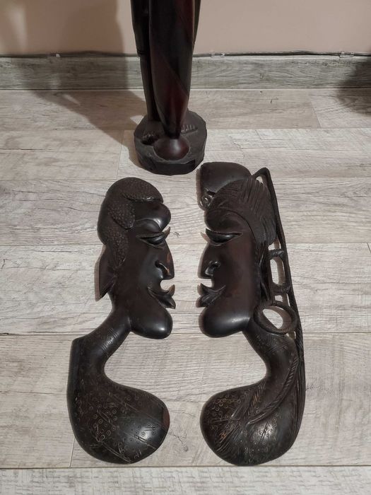 Statueta egipteana + 2 fete tip tablou din lemn masiv pentru casa