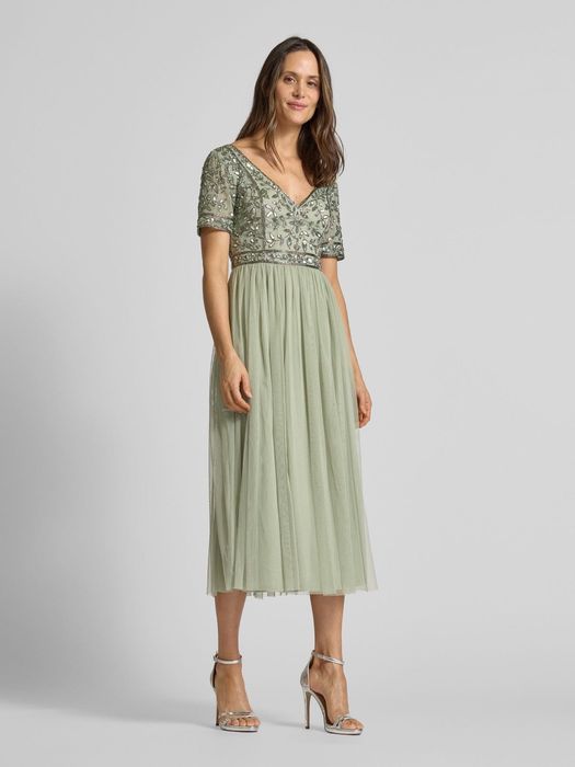 Официална рокля Lace&beads лъскава пайети и тюл зелена S рамер