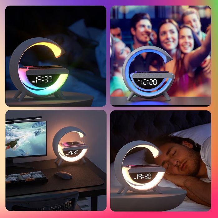 Atmosphere Lamp with Wireless Charger, 15W Led Alarm Clock Dimmable Ambient Light Smart Table Lamp with Bluetooth Speaker