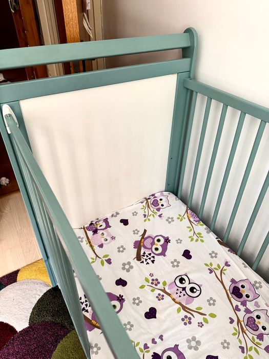 Pat bebe/copil lemn 120X60 bebe-5 ani saltea culisant turcoaz + cadou