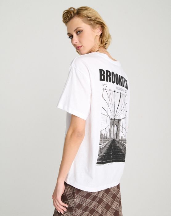 Нова дамска бяла тениска памук с принт Sinsay размер XS