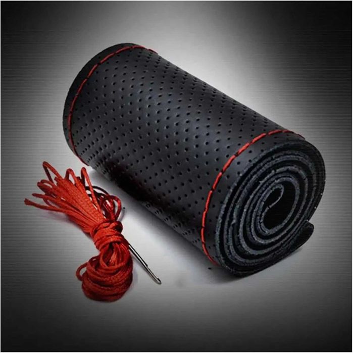 Кожен калъф за волан 38 см с червен шев - универсален за кръгли и D-волани