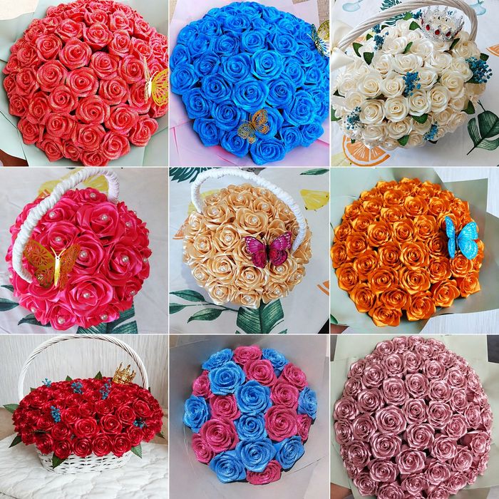 Цветы из атласных розы