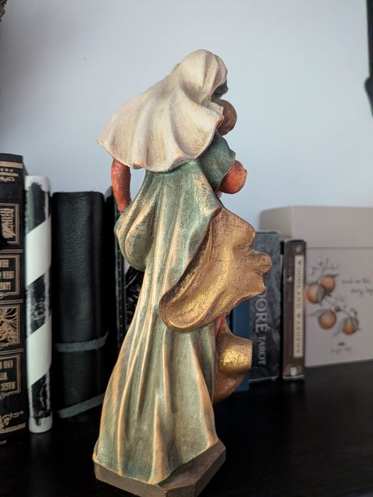 Statuetă Lemn sculptată și pictată manual, Fecioara Maria și Pruncul Iisus