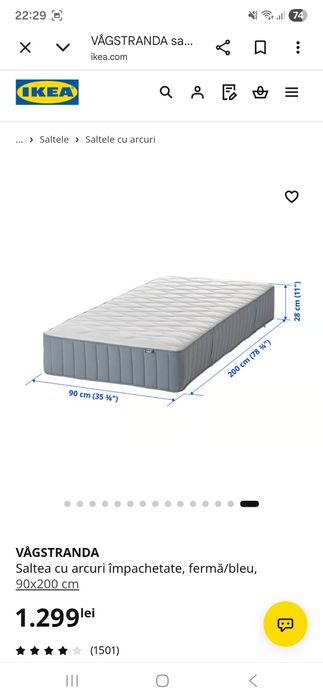 Saltea pat 90x200 cm nouă, Ikea VÅGSTRANDA cu arcuri împachetate, fermă/bleu
90x200 cm
Saltea cu arcuri împachetate, fermă/bleu,
90x200