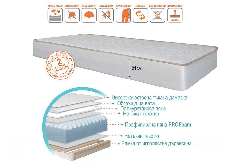 Еднолицев матрак ТЕЯ 120 / 200 см Gold Apolo Тея 5 зони на комфорт