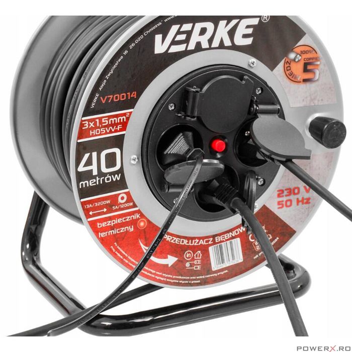 Rola prelungitor cablu cu cadru metalic, 40 metri 3 x 1,5 mm, Verke