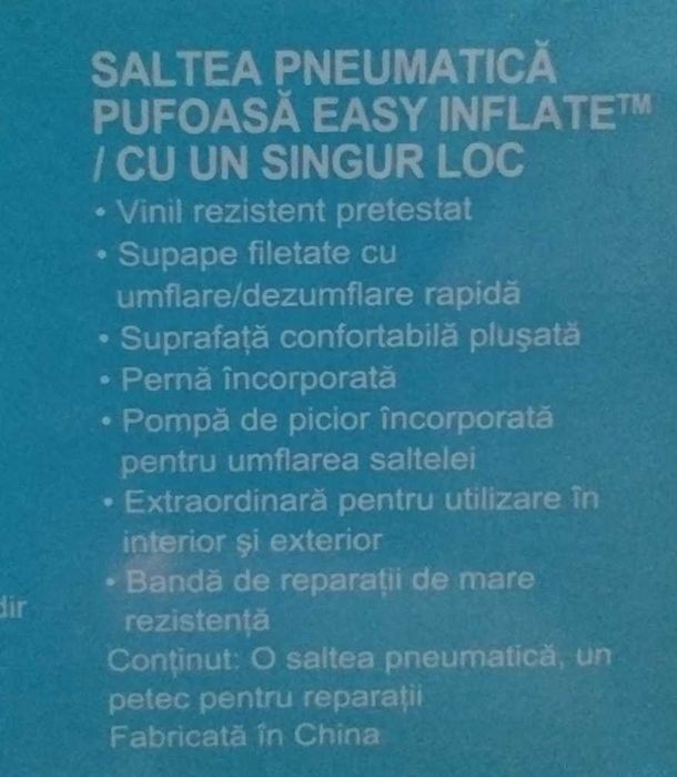 Saltea dormit pneumatica pufoasa EASY INFLATE pentru o persoana