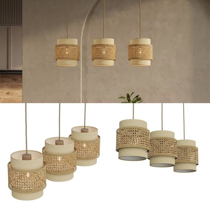 Висящи 3бр лампи от ратан и текстил 7563
