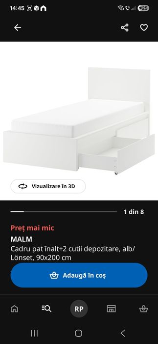 Pat cu tablie tapitata Malm Ikea si saltea Dormeo 90x200