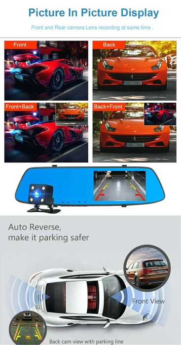 Топ цена! Видеорегистратор огледало+задна камера, FHD, G-Sensor, Audio