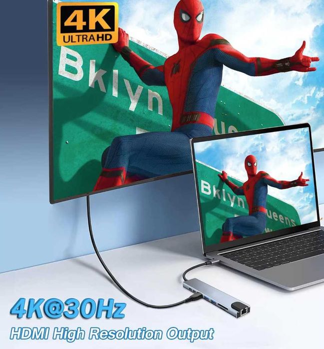 8 в 1 USB C хъб адаптер, със слот за SD/TF карта, HDMI 4K, USB 3.0/2.0