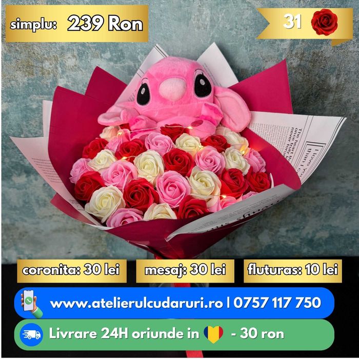 Buchete Trandafiri Sapun (Simple, Sclipici, Stitch, Angel)