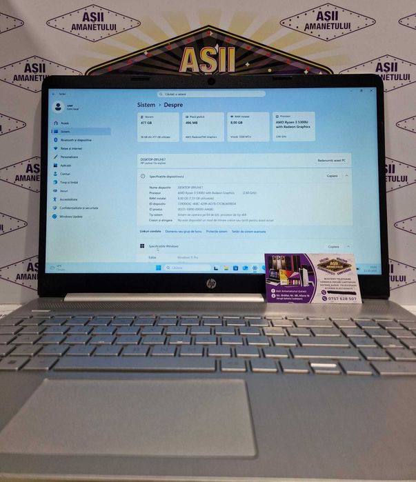 Asii Amanetului - Laptop HP 15s-eq2083nq cu procesor AMD Ryzen 3 5300U, 8GB RAM DDR4 și 512GB SSD, Windows 11 Pro