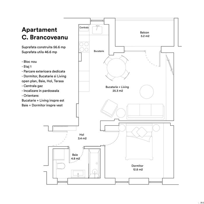 Vand apartament 2 camere complet mobilat, etaj 1, cu loc de parcare