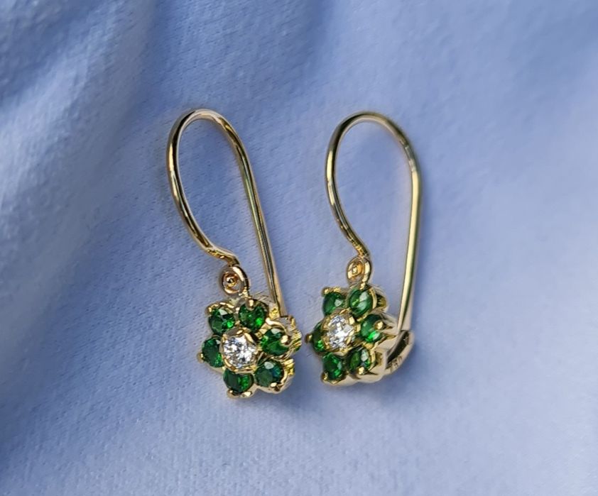 Cercei aur galben 14k diamante și tsavorite naturale