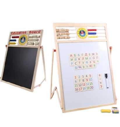 Дървена двулицева детска дъска с БГ азбука, числа и часовник