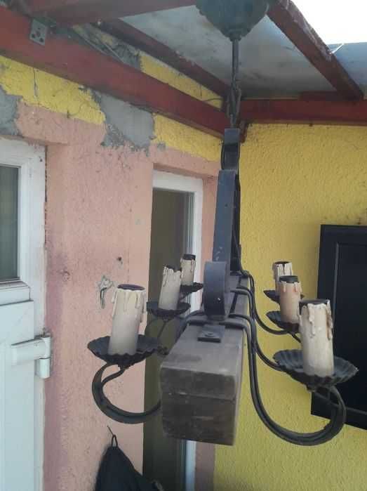 Candelabru  terasa/filigorie din lemn si fier forjat cu sase brate