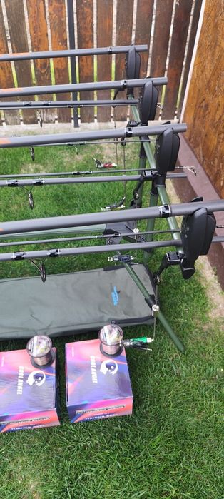 Set 4 Lansete 3,90m,4 Mulinete Tambur 12000,11 Rulmenți,Rod Pod Echipat+ 4 Role fir