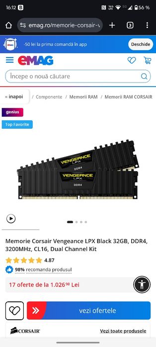 RAM PC DDR4 Vengeance 32GB Dual 3200MHz