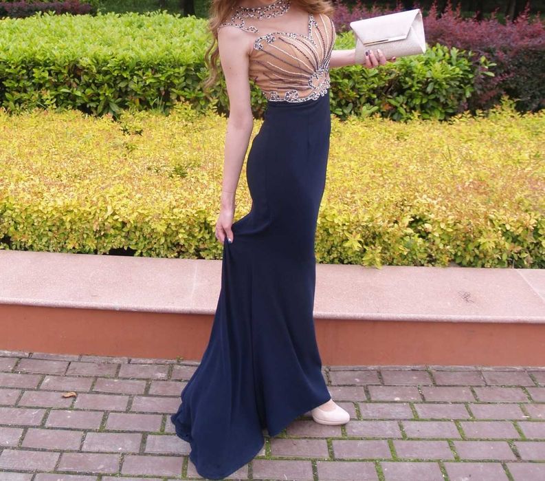 Бална рокля, бежаво и тъмносиньо, с мъниста, M