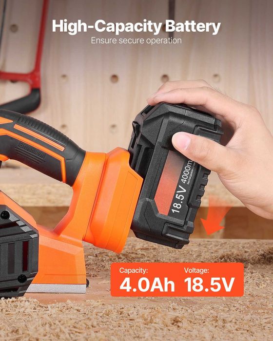 Rindea electrica de mana fara fir, latime 82 mm, 15000 rpm, motor brushless, acumulator 18V 4 Ah, adancime reglabila, sac praf
