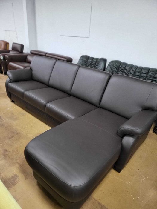 ПРОМОЦИЯ!!! Кафяв кожен ъглов диван с лежанка "TOULOUSE"