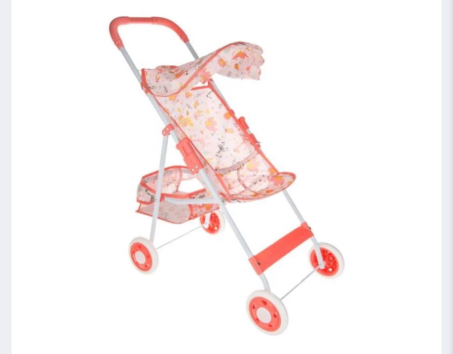 Количка за кукла тип бастун, розово-оранжева с животни