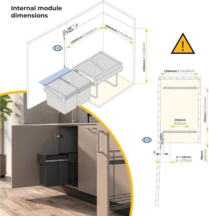Кош за кухненски отпадъци Emuca с долно закрепване, капацитет 2 x 15 л