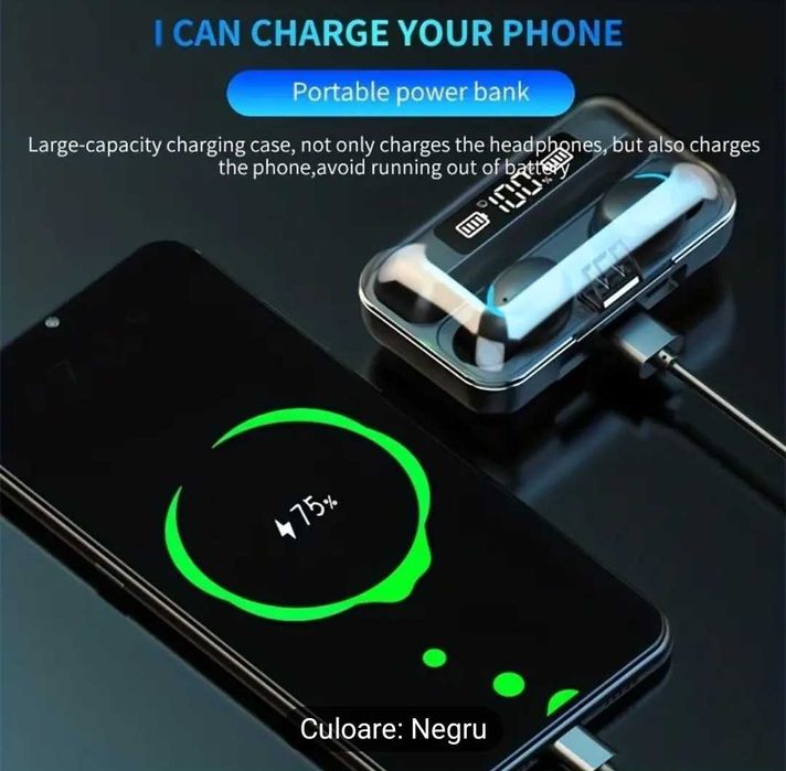 Căști cu bluetooth pt. telefon, tableta, PC, cu powerbank. NOI