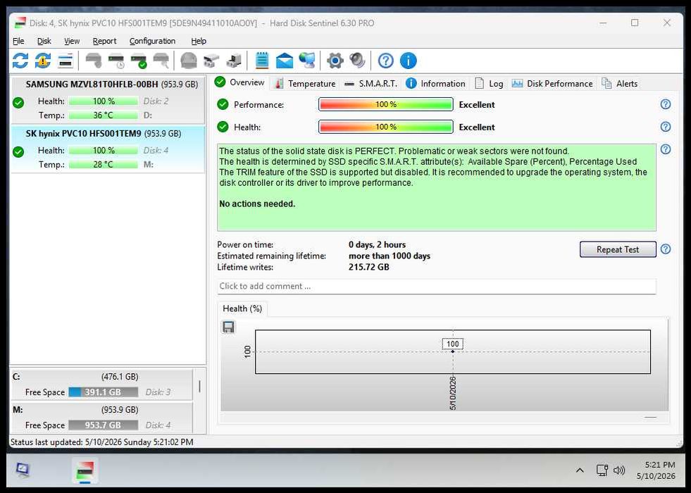 SSD 1TB 7000 MB/s M.2 NVMe, SK Hynix, PCIe 4.0 X4 NOU Bulk