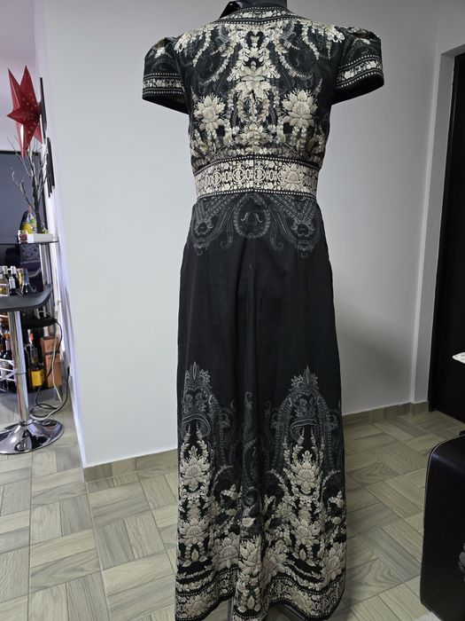 Rochie maxi din in si bumbac, model cu imprimeu  lotus înghețat