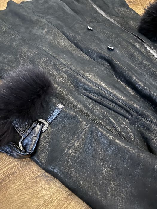 Cojoc lung de piele de miel cu blana de vulpe, negru