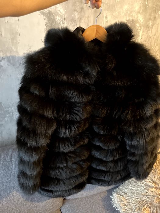 Дамско палто с естествен косъм от лисица – черно, 6 в 1, с качулка