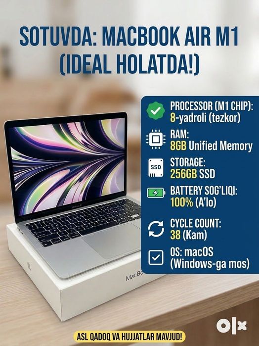 MacBook Air M1 (16-iyul 2026-yil aktivatsiya) — Ideall holatda!