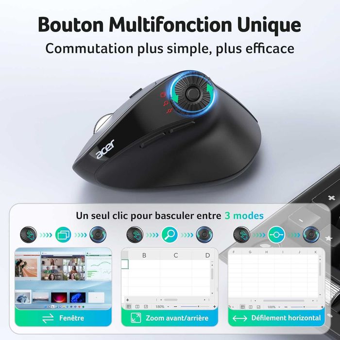 Мишка Безжична Acer, Ергономична, Bluetooth 5.2 + 2.4GHz, 4000 DPI