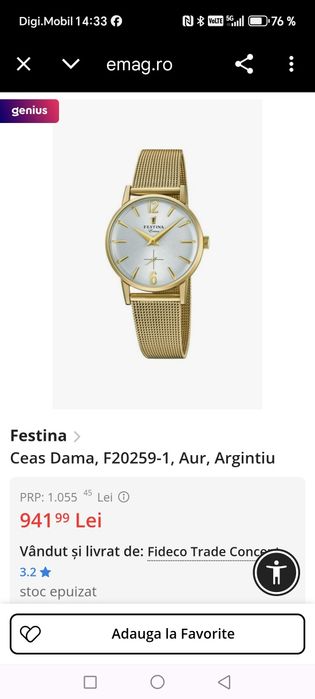 Ceas Festina Quartz 36 mm Bărbătesc! Nepurtat!