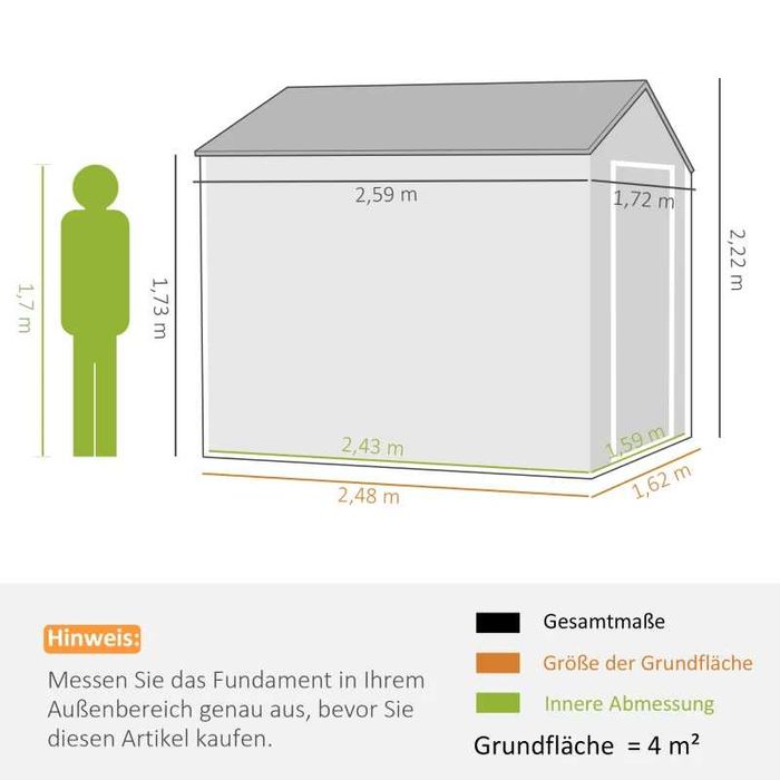 Градински навес Outsunny, метален навес за инструменти, двойна врата, прозорец, 259x172x222 см