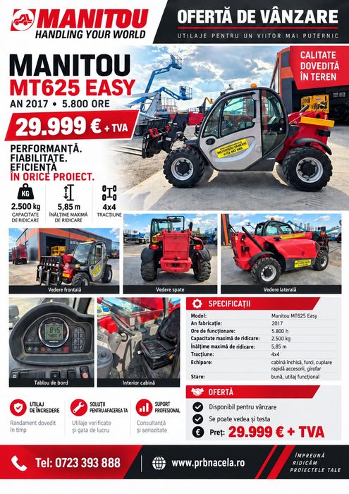 Vand Manitou MT625 încărcător telescopic frontal 2.5 tone la 6 m - 2017