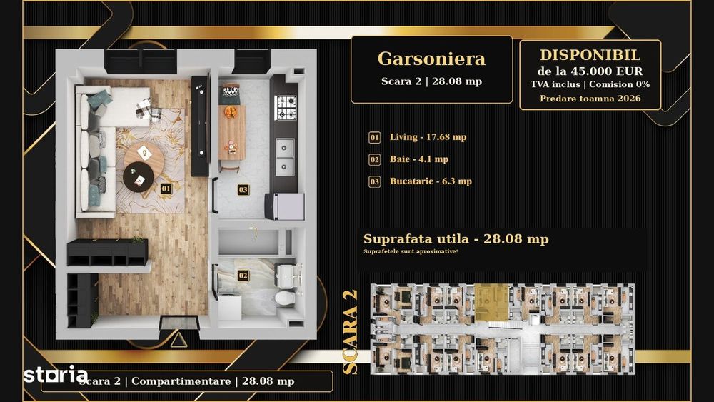 Nu rata! Garsoniera 28,08mp, 45.000€, TVA inclus, direct dezvoltator