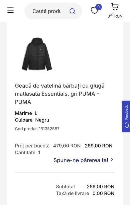 PUMA Geacă de vatelină bărbați matlasată Essentials, gri  NOUĂ