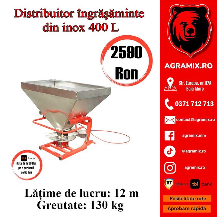 Distribuitor ingrasaminte 400 L cuva inox nou Agramix